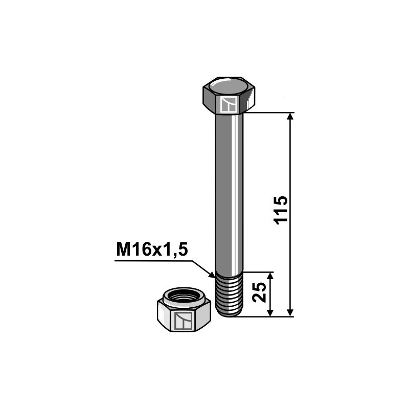 Boulon avec écrou frein - M16x1,5 - 8.8 - Mulag - Schraube: TM60-07-0227 - Mutter: TM60-07-0228