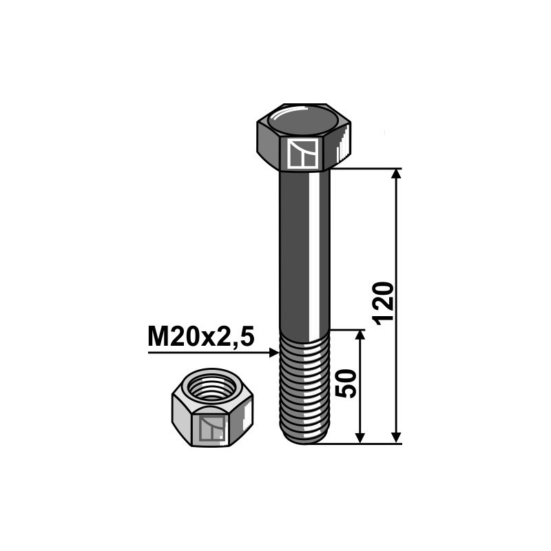 Boulon avec écrou frein - M20 x 2,5 - 10.9 - Mulag - Schraube: 113106 - Mutter: 100690