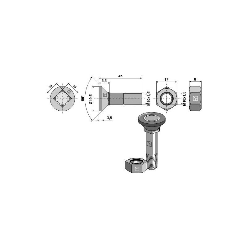 Boulon de charrue M10x1,5x45 et écrou hexagonal - Lemken - 3015722