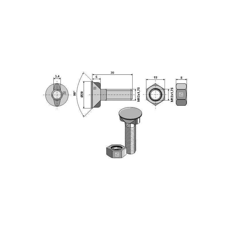 Boulon de charrue M12 x 1,75 x 30 avec écrou hexagonal - AG008285