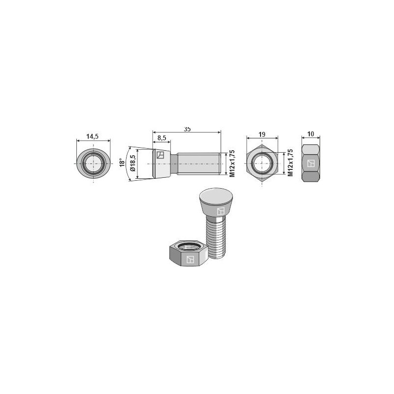 Boulon de charrue M12 x 1,75 x 35 avec écrou hexagonal - AG008263