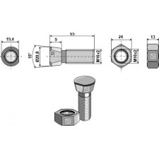 Boulon de charrue M16 x 2 x 65 avec écrou hexagonal - Kverneland - KK031965