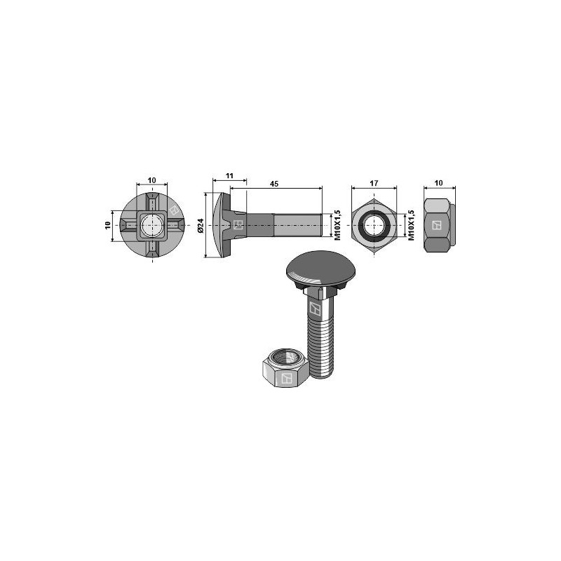 Boulon de charrue M10 x 1,5 x 45 et écrou hexagonal