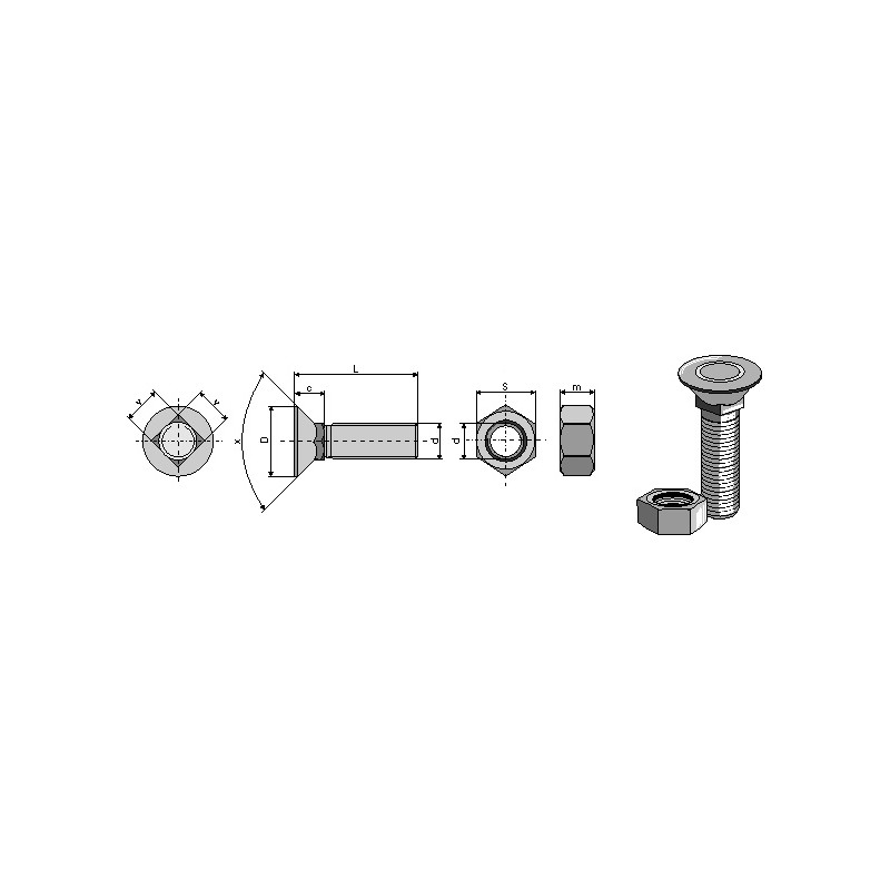 Boulon de charrue DIN 608 M 9 X 1,25 X 40 et écrou hexagonal