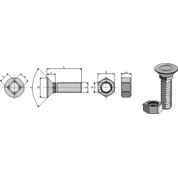 Boulon de charrue DIN 608 M 9 X 1,25 X 30 et écrou hexagonal