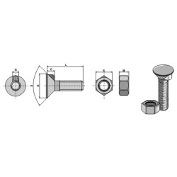 Boulon de charrue DIN 604 M 8 x 1,25 x 90 et écrou hexagonal