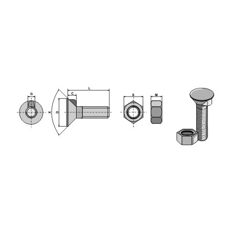 Boulon de charrue DIN 604 M 8 x 1,25 x 90 et écrou hexagonal