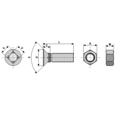 Boulon de charrue 7/16" UNF x 60 et écrou hexagonal