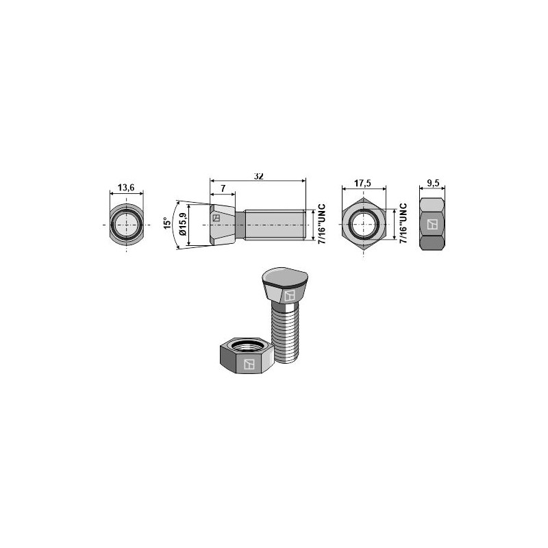 Boulon de charrue 7/16''UNCx32 avec écrou hexagonal