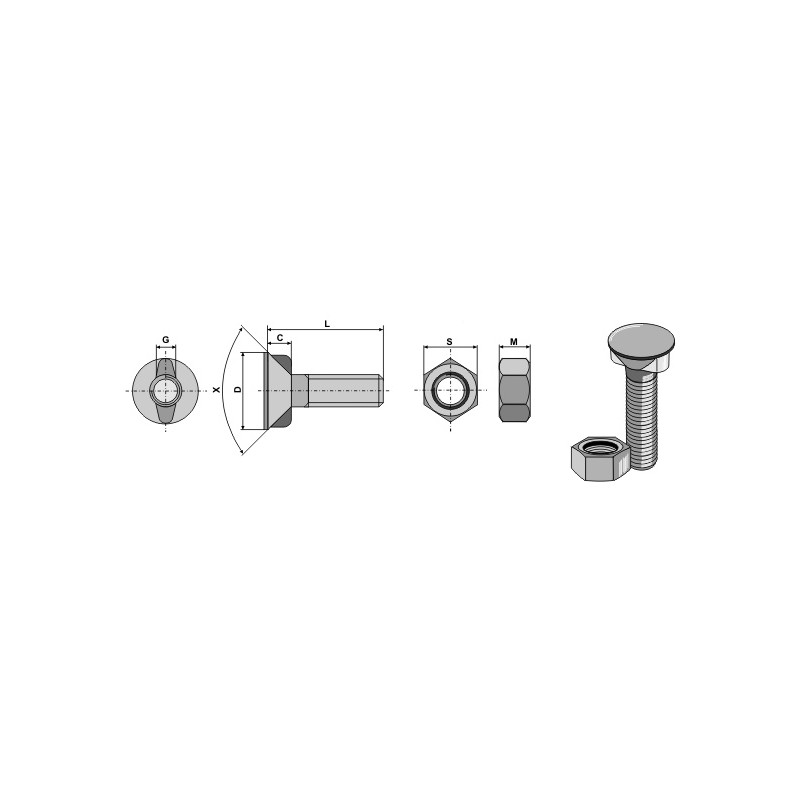 Boulon de charrue DIN 11014 M16 x 2 x 80 avec écrou hexagonal