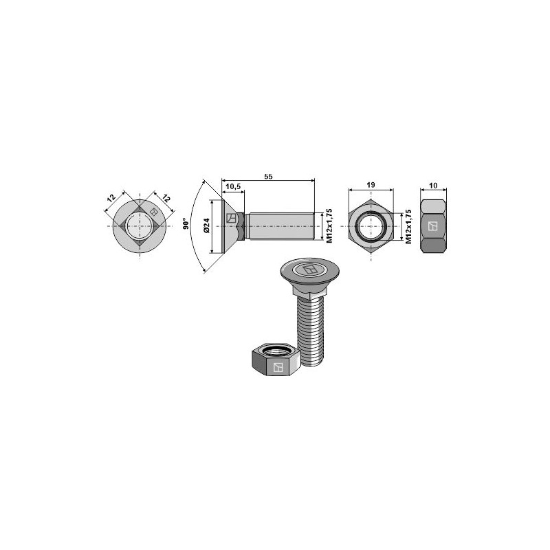 Boulon de charrue DIN 608 M12 x 1,75 x 55 avec écrou hexagonal - Väderstad - 404826 - 152263