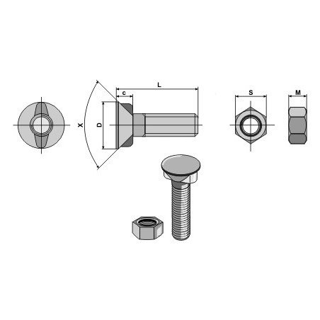 Boulon de charrue M12x1,75x45 avec écrou hexagonal