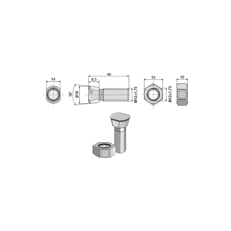 Boulon de charrue M12 x 1,75 x 40 avec écrou hexagonal - AG008240