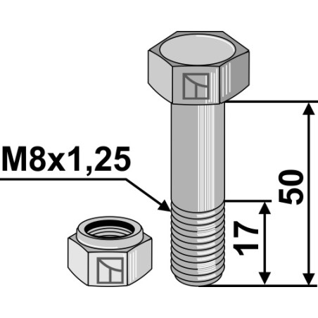 Boulon avec écrou frein - M8x1,25 - 10.9 - Agria - Schraube: 71011 Mutter: 28110