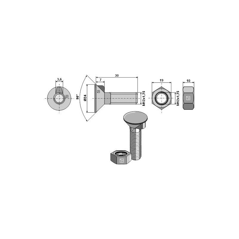 Boulon de charrue DIN 604 M12x1,75x30 et écrou hexagonal