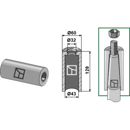 Entretoise à souder pour dent de chargeur de balles rondes avec filet M28