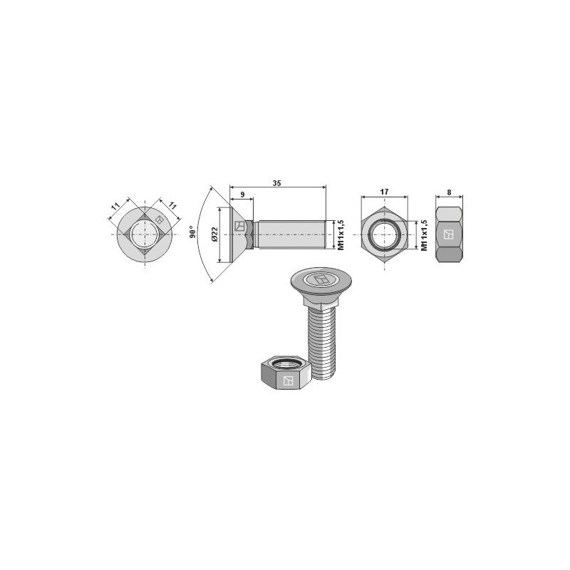 Boulon de charrue DIN608 M11x1,5x35 et écrou hexagonal