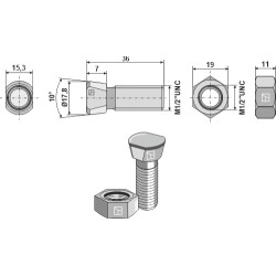 Boulon de charrue 1/2''UNCx36 avec écrou hexagonal