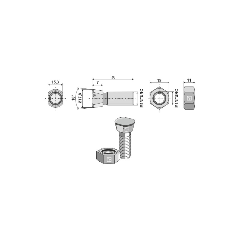 Boulon de charrue 1/2''UNCx36 avec écrou hexagonal