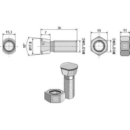 Boulon de charrue 1/2''UNCx36 avec écrou hexagonal