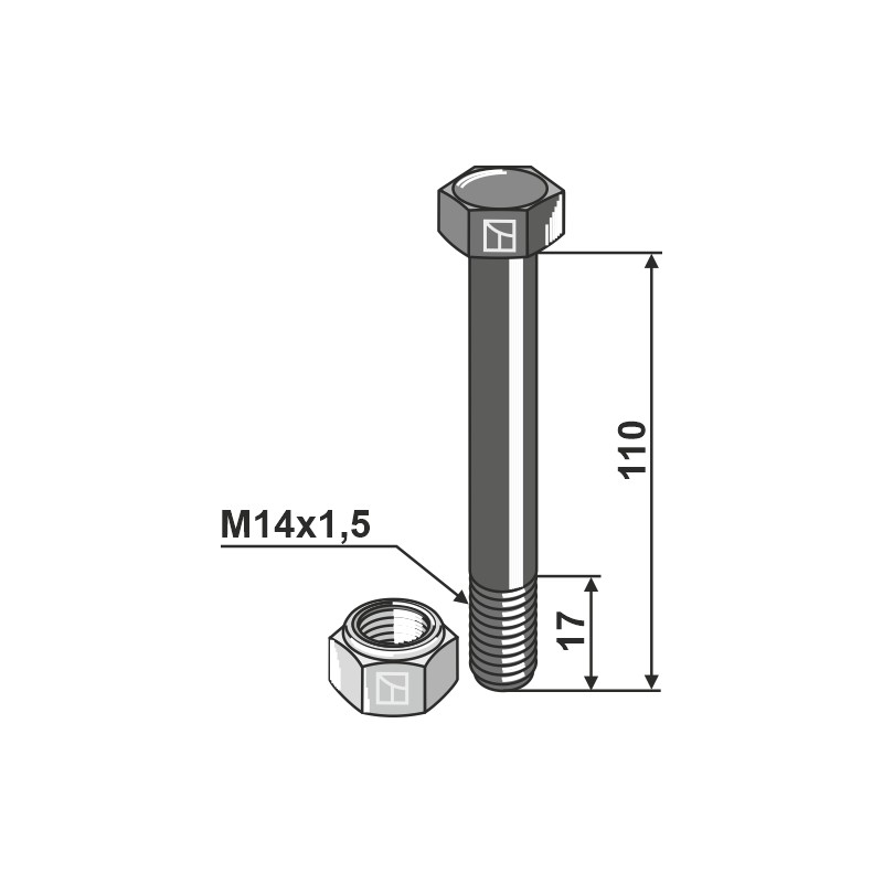 Boulon à tête hexagonale M14x1,5x110 avec écrou à freinage interne - GreenTec - 9040170