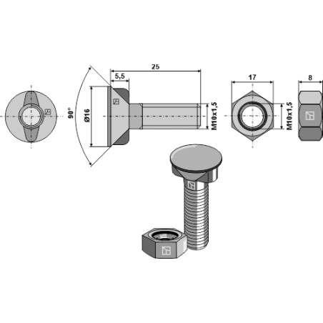 Boulon de charrue M10x1,5x25 avec écrou hexagonal
