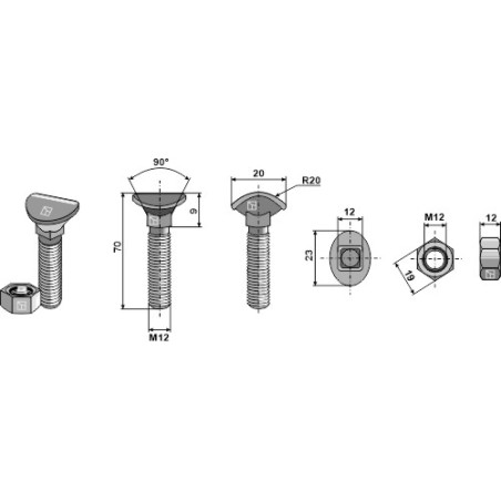 Boulon de cultivateur - M12x70 - 10.9