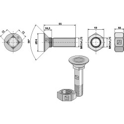Boulon de charrue M12x1,75x55 et écrou hexagonal