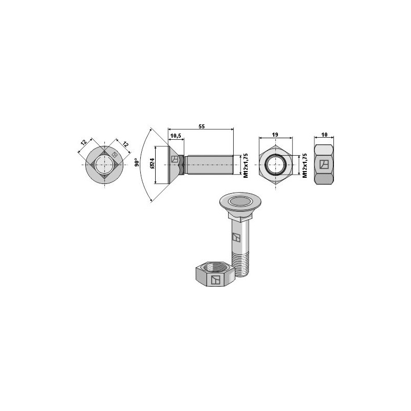 Boulon de charrue M12x1,75x55 et écrou hexagonal