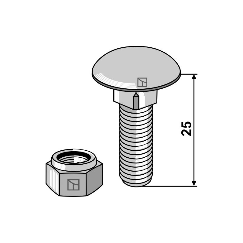 Boulon à tête bombée avec écrou à freinage interne adaptable M10 x 1,5 x25- 8.8